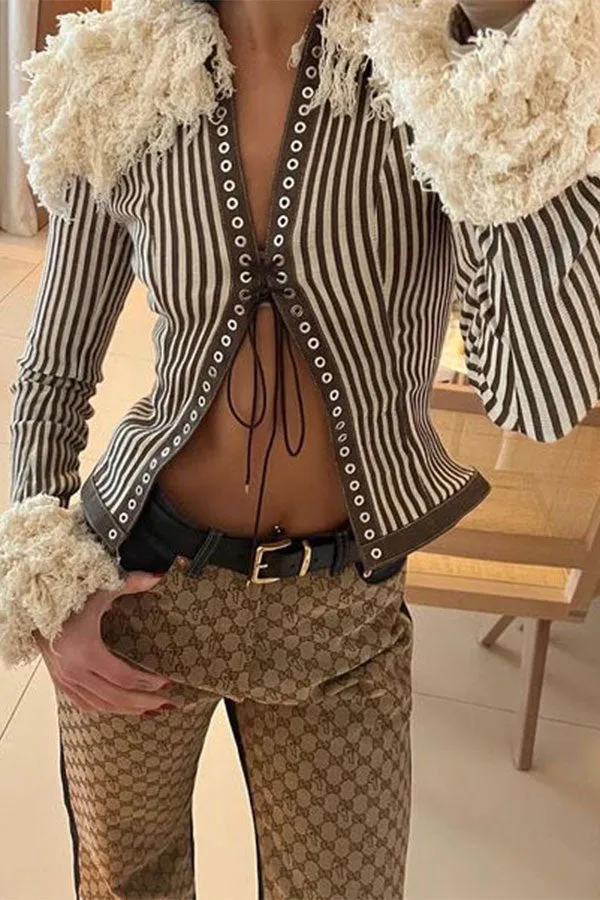 xiangtuibao Fuzzy Patchwork Smart Strappy Striped Coat