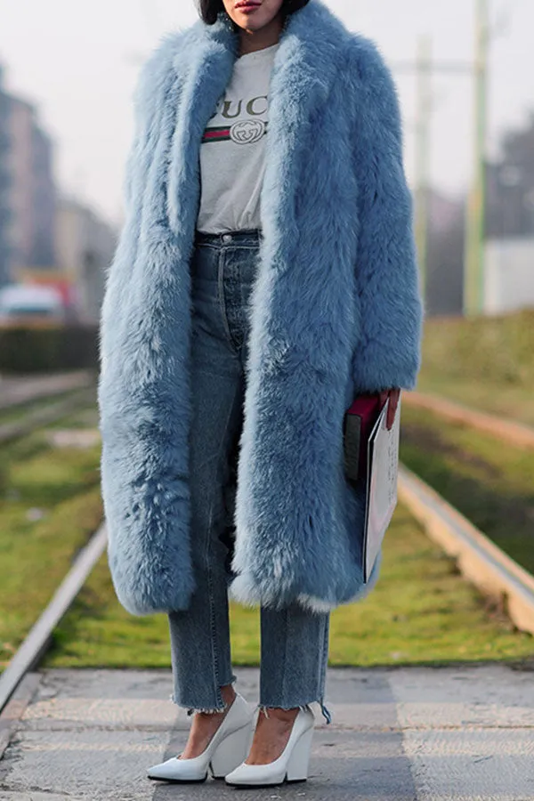 xiangtuibao Solid Color Faux Fur Luxe Turndown Collar Coat