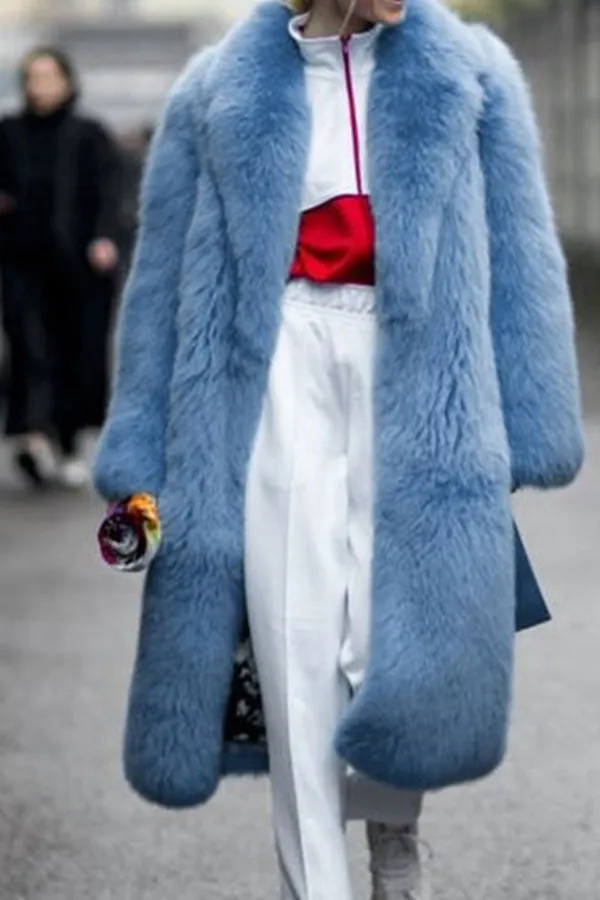 xiangtuibao Solid Color Faux Fur Luxe Turndown Collar Coat