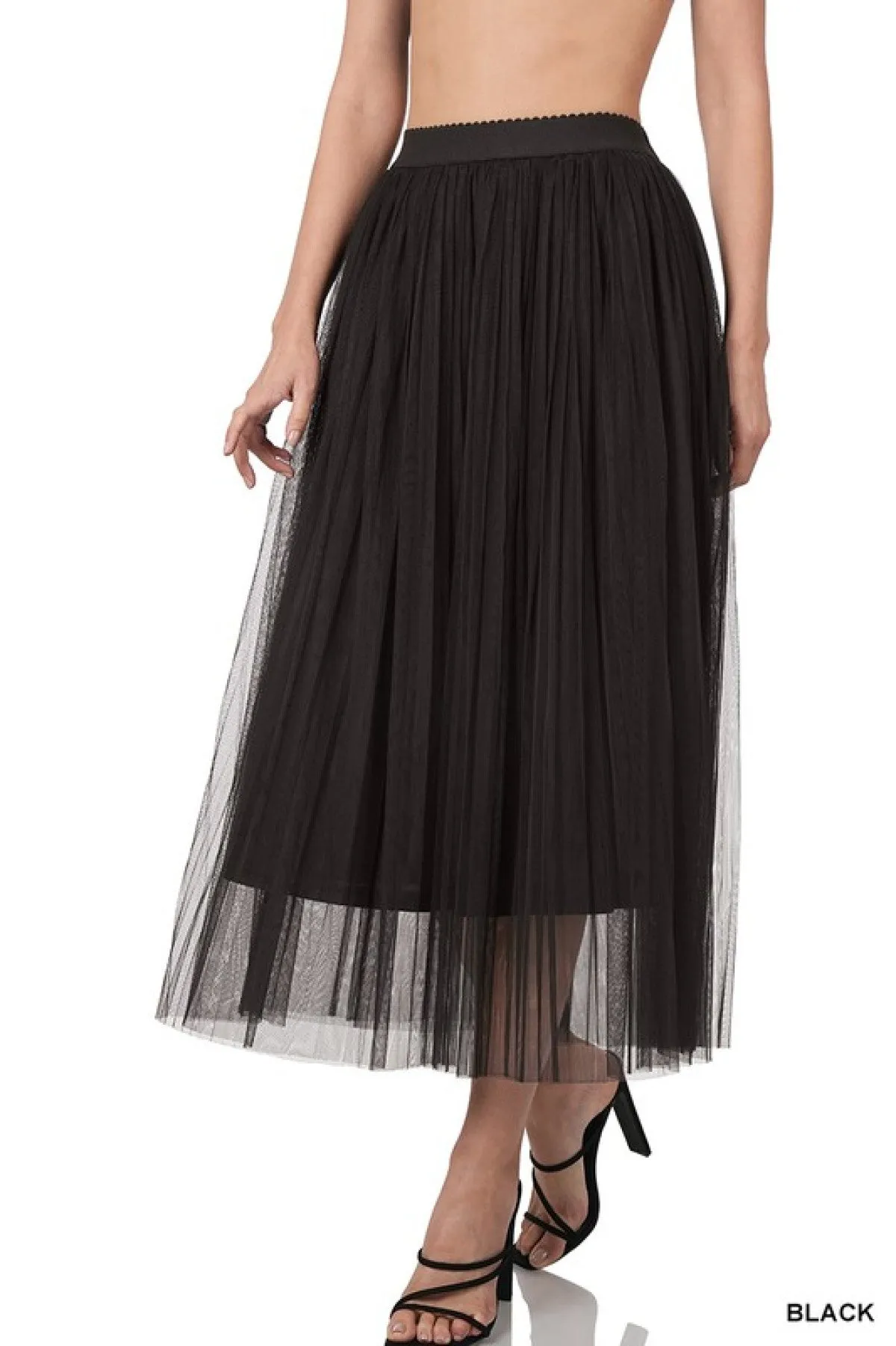 Zenana Mesh Pleated Maxi Skirt